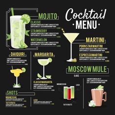 a cocktail menu with different types of drinks and ingredients to make it look like they are in