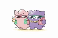 two cartoon cats wearing sunglasses and one with a drink in his hand, standing next to each other