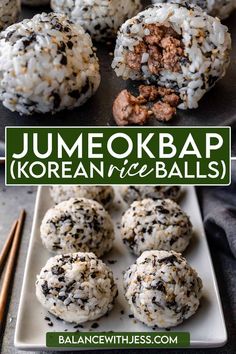 some food is on a plate with chopsticks next to it and the words jumbobap korean rice balls