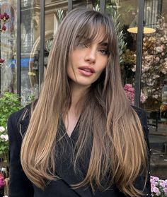 Light Brown Hair Fringe, Long Dark Hair Bangs, Highlight With Bangs, Banks Haircut, Long Hairstyles With Curtain Bangs, Wispy Bangs Long, Long Hair Fringe, Haircuts With Fringe, Fringe Haircuts