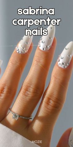 Sabrina Carpenter Nails | white nail ideas | winter nails | sparkle nail ideas January Birthday Nails, Sparkle Nail Ideas, Sabrina Carpenter Nails