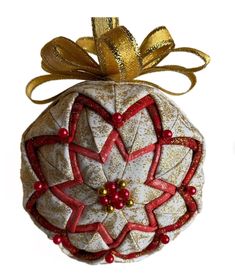 Gold Starburst, Quilted Ornaments, Starburst Pattern, Red Pearl, Straight Pins, Fabric Ornaments, Star Ornament, Gold Shimmer, Handmade Ornaments