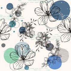 an abstract floral background with blue circles and black flowers on a white, gray, and green background