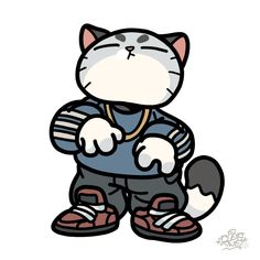 a drawing of a cat wearing a backpack and holding its paws in one hand while sitting on the ground