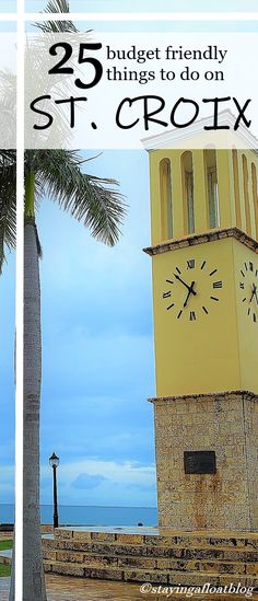 a clock tower with the words st croix on it in two different pictures, one is yellow and the other is brown