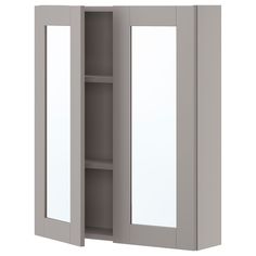 an open cabinet with mirrored doors on the front and back sides, shown in light gray