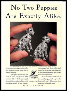 1993 Swarovski #Crystals #Vintage #PRINT #AD #Dalmatian #Puppies #FineJewelry #Pins #Swarovski Dalmatian Puppies, Shoes Ads, Dalmatian Puppy, Product Shots, Jewelry Ads, Jewelry Pins, Print Ad, Austrian Crystal, Print Ads