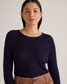 Try on a new level of luxury with our Featherweight Cashmere Ribbed Crewneck Sweater. Crafted to feel light as air without sacrificing warmth, our new fine-gauge featherweight cashmere styles are knit using a longer fiber length, making them more resistant to pilling and luxuriously soft. The delicate ribbed texture and seamless construction elevate this fitted crewneck silhouette, making it the updated classic you'll turn toward again and again.  | Quince | Women's Featherweight Cashmere Ribbed Crewneck Sweater in Deep Navy, Size Large Gold Chain Link Necklace, Leather Jacket With Hood, Silk Robe, Womens Cashmere, Soft Hands, Beaded Choker, Black Charcoal, Denim Shirt, Distressed Denim