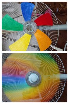 a fan with different colors on it and the words diy rainbow effect fan blades