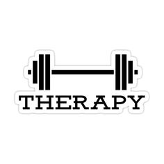 a sticker that says therapy with a barbell in the center and words on it