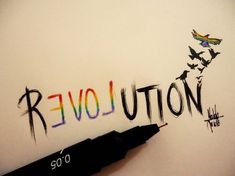 the word revolution written in graffiti on a white wall with birds flying above it and an ink pen next to it