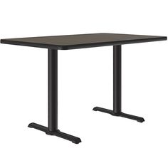 a rectangular table with two black legs and a dark wood top, viewed from the front