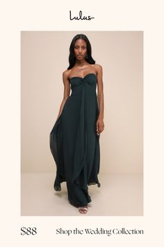 Effortlessly move through the evening in elegant fashion with the Lulus Intricate Perfection Emerald Green Strapless Ruffled Maxi Dress! Airy woven chiffon shapes the romantic dress that features a strapless, twist-front bodice (with hidden no-slip strips) and a flirty sweetheart neckline. The high, empire-style waist tops a flowy, A-line skirt adorned with cascading ruffle details that continue down to the sweeping maxi hem. Hidden back zipper/clasp. Fit: This garment fits true to size. Length: Casual Formal Dresses, Tier Dress, Tiered Ruffle Dress, Casual Wedding Dress, Bridal Party Dresses, Lulu Fashion, Romantic Dress, Ruffled Maxi Dress, Dress 100