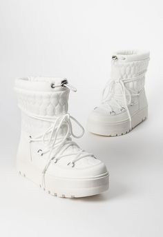 JustFab Bright White female Fashion >> Shoes >> Boots >> Booties regular Material: Faux Leather Heel Height: 1.75" Platform Height: 1.5" Shaft Height: 6.5" Closure: Adjustable Laces Imported Neve Cold Weather Bootie White Winter Boots, White Snow Boots, White Platform Boots, Staple Shoes, Fashion Shoes Boots, Faux Leather Heels, White Snow, Snow Boots Women, White Boots