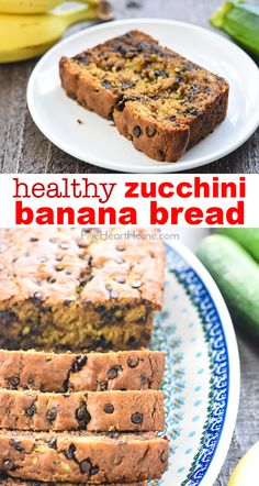 healthy zucchini banana bread on a blue and white plate with bananas in the background