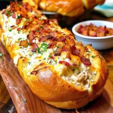 bread with bacon and cheese on it sitting on a cutting board next to other food