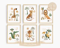 four framed pictures with animals and plants on them