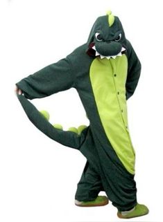 a person in a green dinosaur costume