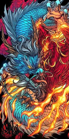 two dragon like creatures with flames in their mouths, one is blue and the other is red