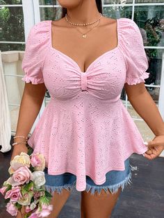 Plus Size Sweet And Cute Short-Sleeved Jacquard T-Shirt With Henley Neckline Pink Casual  Short Sleeve Knitted Fabric Plain  High Stretch  Women Plus Clothing, size features are:Bust: ,Length: ,Sleeve Length: Blusas Coquette, Cute Pink Clothes, Coquette Plus Size, Shirts Coquette, Clothes Plus Size, Pink Clothes, Sleeves Ideas, Rose Bonbon, Pink Outfits