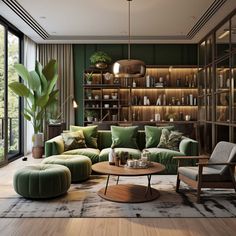 a living room filled with lots of green furniture