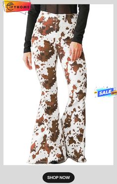 Brown Abstract Print Raw Hem High Waist Flare Pants Flare Jeans Western, High Waist Flare Pants, Jeans Western, Cowgirl Jeans, Jeans High Waist, Spring Outfits Women, Cheap Clothes, Cow Print, Pants Outfit