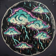 Surreal illustration of a stormy night with clouds emitting bright lightning bolts and colorful raindrops against a dark background. Trippy Colorful Painting, Atmosphere Tattoo, Cool Hippie Art, Detailed Tattoo Designs, Ceramic Tattoo, Tattoo Collection, Hippie Painting, Detailed Tattoo, Blood Art