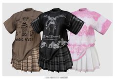 three t - shirts with different designs on them, one is pink and the other is brown