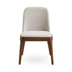 an upholstered chair with a wooden frame and fabric seat padding, viewed from the front