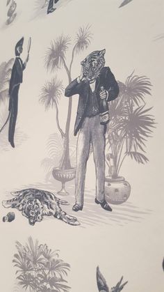 a drawing of a man standing next to a dead animal