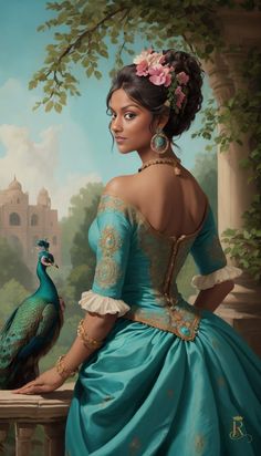 a painting of a woman in a blue dress with a peacock on her shoulder and the back of her head