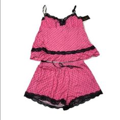 Authentic New With Tag Ren Rof Two Piece Pajama. Women’s Size M. Hot Pink Spaghetti Strap Polka Dot Tank Top With Black Lace Trim. Shorts Feature An Elastic Waist Band And Lace Trim. Please See The Pictures For More Details. Last Two Pictures Are For Illustration Purpose Only. The Color That You See May Be Different From The Actual One Due To Screens, Lighting, Etc. Hot Pink Fits, Pink Camisole Sleepwear For Loungewear, Pink Camisole Sets For Summer, Pajama Set Y2k, Pink Lace Trim Sets For Pajama Party, Gyaru Pajamas, Cute Pink Pajama Shorts, Mcbling Pajamas, Pink Lace Trim Pajama Party Sets