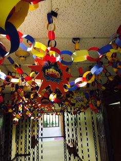 colorful streamers are hanging from the ceiling