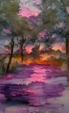 an oil painting of trees and water at sunset with pink hues in the sky