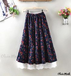 Olivia Mark - Lace Floral Print Corduroy Midi Skirt with Tiered Silhouette Velvet Skater Skirt, Lace Embroidery Dress, Corduroy Midi Skirt, Velvet Midi Skirt, Floral Embroidery Dress, Floral Print Midi Skirt, Printed Midi Skirt, Floral Print Skirt, Floral Midi Skirt