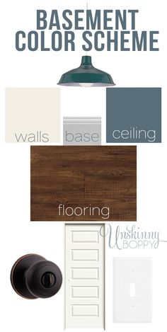 the different types of wood and paint in this image are shown with text that reads basement color scheme