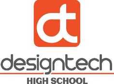 the logo for design tech high school, which is located in an orange and white square