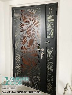 a black door with an intricate design on the front and side panels, is shown