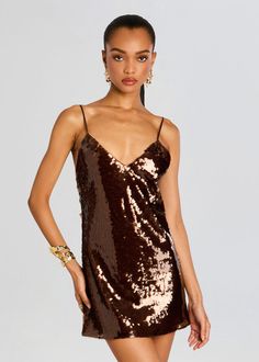 100% Polyester Made in China Model is 5'10" wearing size S Style No. PF24-9361 Brown Sparkle Dress, Holiday V-neck Mini Evening Dress, Holiday V-neck Mini Dress, Unique Short Dress, Brown Sequin Dress, Formal Mini Dress, Brown Sequin Dresses, Jumpsuit And Blazer, Bachelorette Party Bride