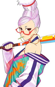 an anime character with pink hair holding a stick