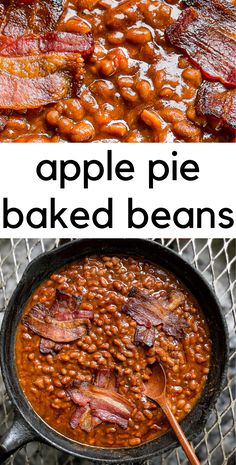 baked beans and bacon in a skillet with the words apple pie baked beans