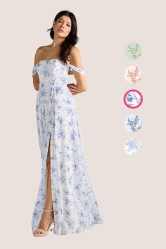 Feel fun and flirty in Chrysanta, our floral print chiffon floor length dress. She features an off-the-shoulder neckline, removable pleated straps, pockets, and a pleated A-line skirt with a leg skirt. Floral Bridesmaid Dress, Modern Bridesmaid, Floral Bridesmaid Dresses, Stunning Bridesmaid Dresses, Blue Cottage, Floral Bridesmaid, Floor Length Chiffon Bridesmaid Dresses, Mermaid Bridesmaid Dresses, Chiffon Bridesmaid Dresses