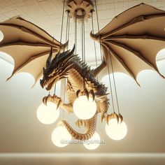 a dragon chandelier hanging from the ceiling in a room with round light bulbs