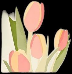 some pink and yellow tulips are in a vase on a white table top