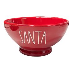 a red bowl with the word santa written on it