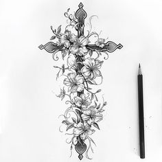 Cruz Tattoo Art Collection Cross In Flowers Tattoo, Crown Of Thorns With Flowers, Spine Cross Tattoos For Women, Tattoos For Women Cross, Mid Thigh Tattoos Women, Pretty Cross Tattoo, Cruz Tattoo, Forearm Cover Up Tattoos, Unique Half Sleeve Tattoos