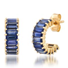 The Blue Sapphire Baguette Huggies are a perfect piece toadd a pop of color and elevate every look. Pair with a classic bold gold stud or wear on its own! Available in 14K White and Yellow Gold Gemstonetotal weight = 2.23 carats, for the pair Huggie diameter = 10mm Stephanie Gottlieb, Blue Sapphire Studs, Diamond Stacks, Sapphire Studs, Gold Ear Cuff, Ear Cuff Earings, Colorful Gifts, Diamonds And Gold, Gold Stud