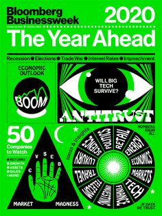 a green poster with black and white graphics on it, including the words'year ahead '