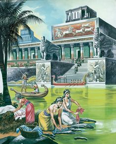 a painting of people in the water near a building with statues and palm trees on it