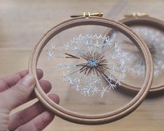 a hand is holding a cross - stitched dandelion on a wooden table